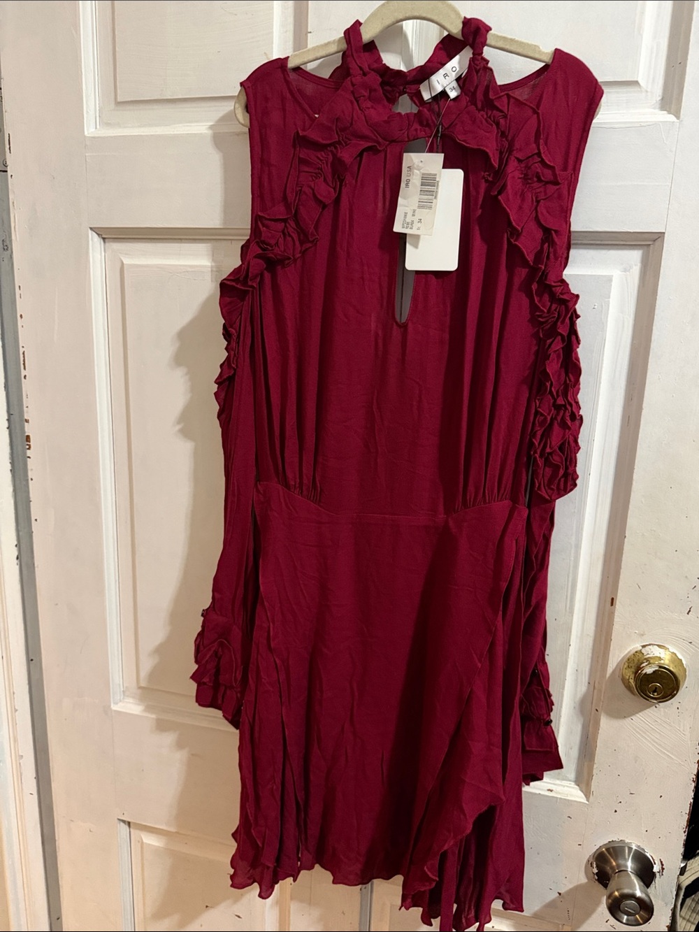 NWT IRO PARIS Ruffled Cold Shoulder Long sleeve Dress in Rich Berry- size XS